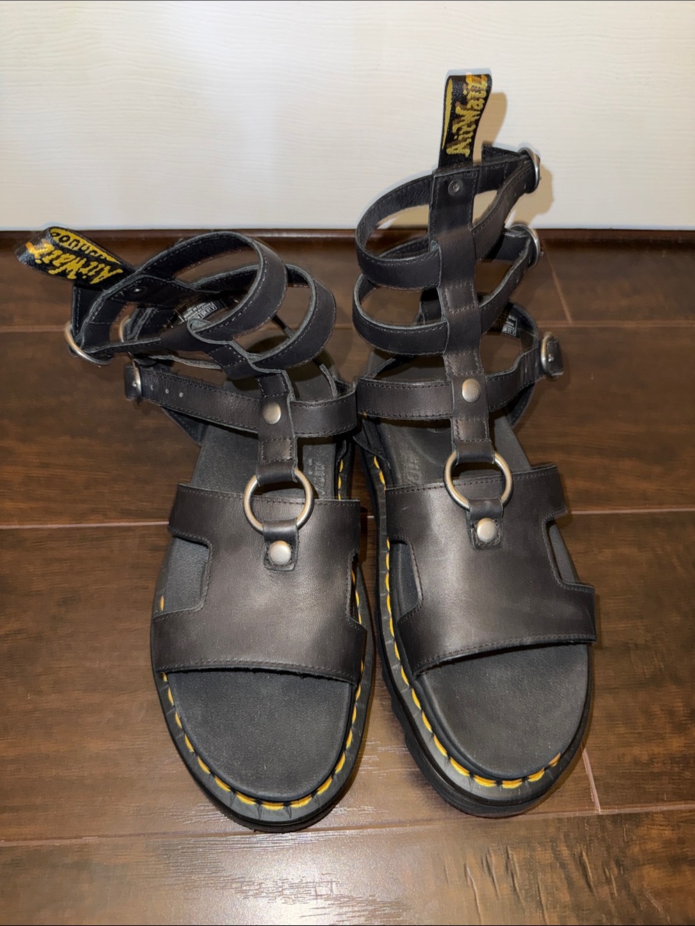 Dr. Martens Black Strappy Kids Gladiator Sandals with Yellow Stitching